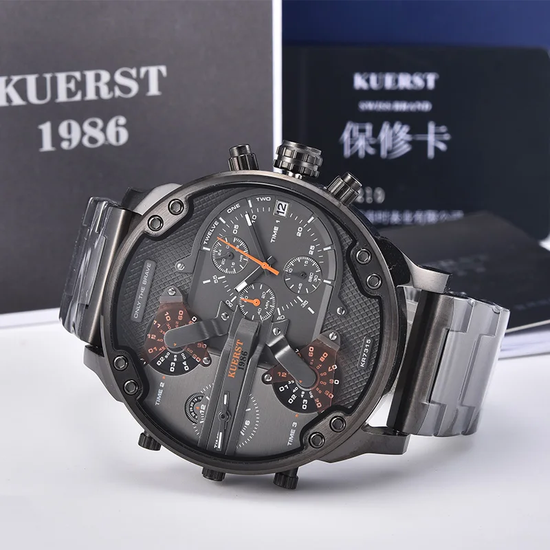 New Men's Large Dial Sports Watch Multi-time Zone Display Military Watch Men Luxury Brand KUERST Waterproof Quartz Watch