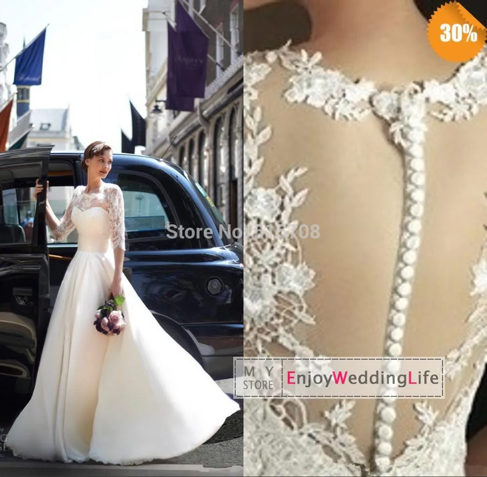 

Elegant Sheer Neck Half Sleeves Chiffon A Line Wedding Dresses Lace Top Bridal Gowns With Buttons Back Custom Made