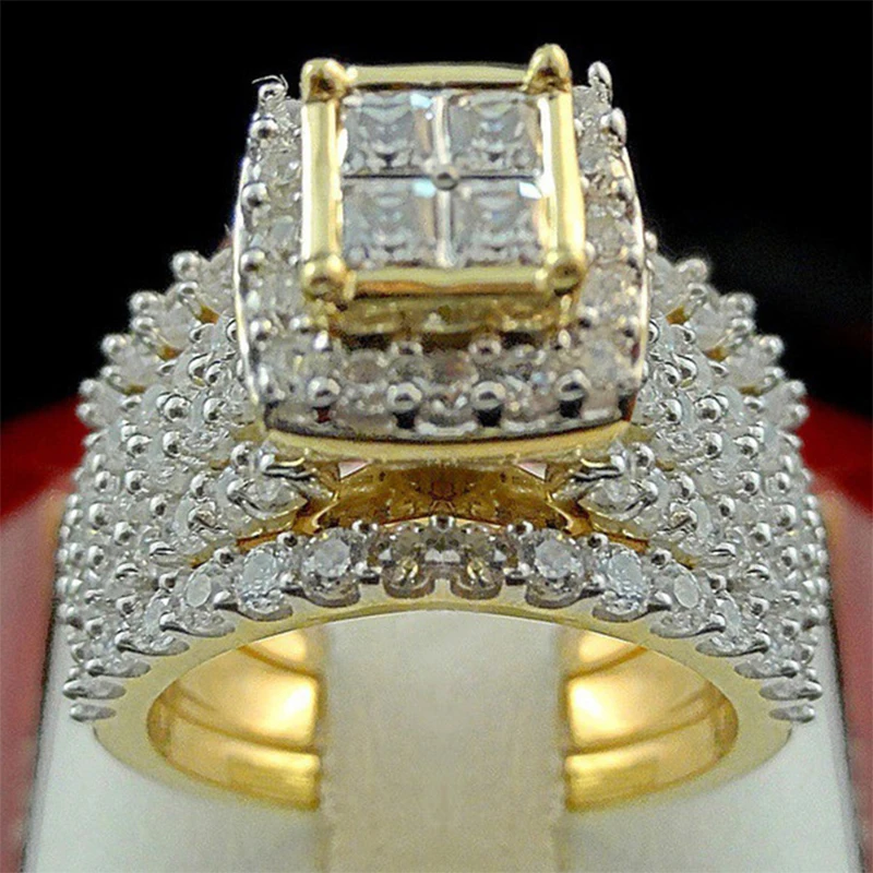 

2019 Unique Design Big Stones Paved Anniversary Gifts For Love Anel Anillos Full Crystal Ring For Wedding Square CZ Gold Rings