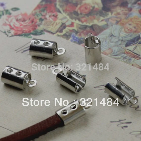 FREE SHIP 1000pc Dull silver/Rhodium plated/Nickel colored crimp tips cord end caps for flat leather cord 3mm/4mm