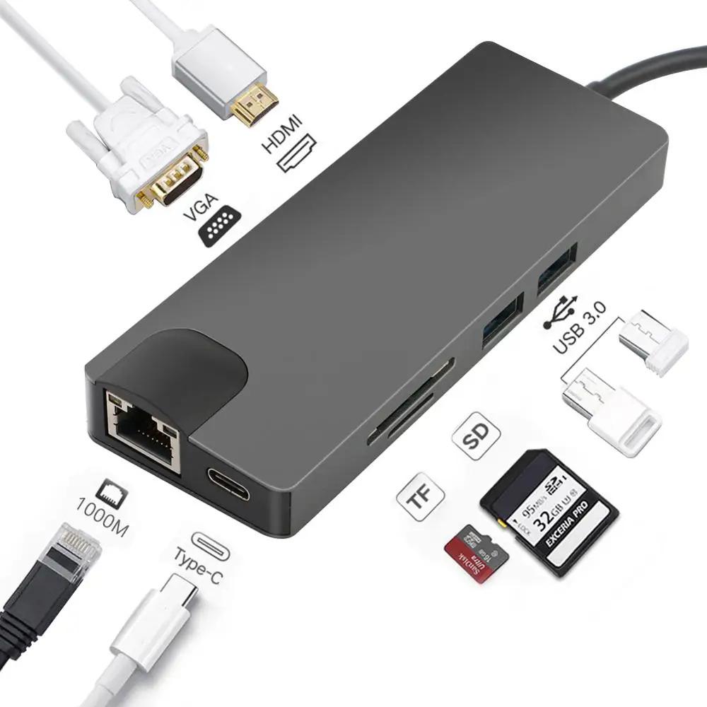 8В1 USB-C концентратор USB C к VGA HDMI 4K RJ45 Micro SD/TF кардридер адаптер Type 3 0 для MacBook Chromebook