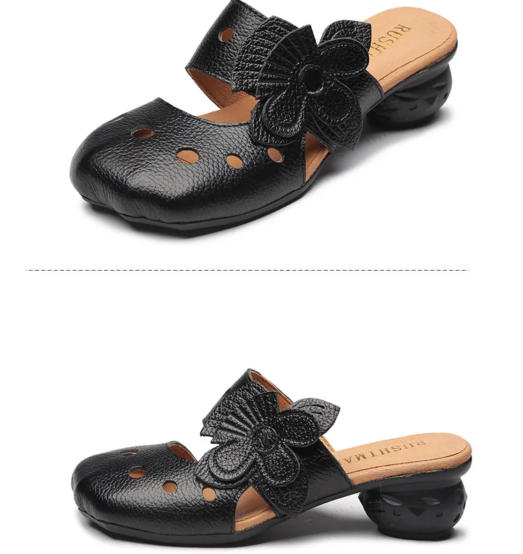 Xiuteng Hollow Sandals Flowers Pattern Genuine Leather Big Head Adjustable Daily Sandals Ladies Shoes Spring New Women Slippers