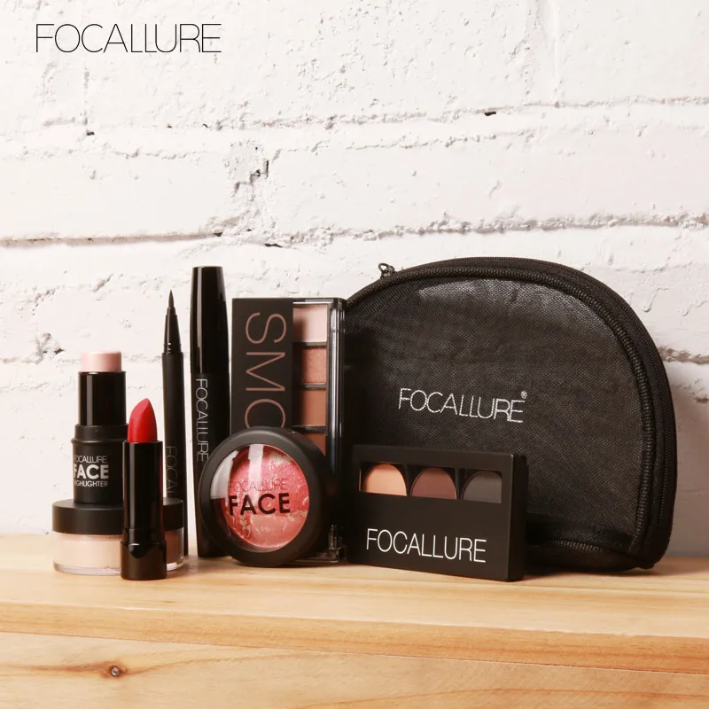 8 Pcs with Bag FOCALLURE 8 шт. набор инструментов Makup должна иметь косметику в том числе блеск Тени для век Матовая помада, Румяна тушь для ресниц с косметикой - Цвет: 8 Pcs with Bag
