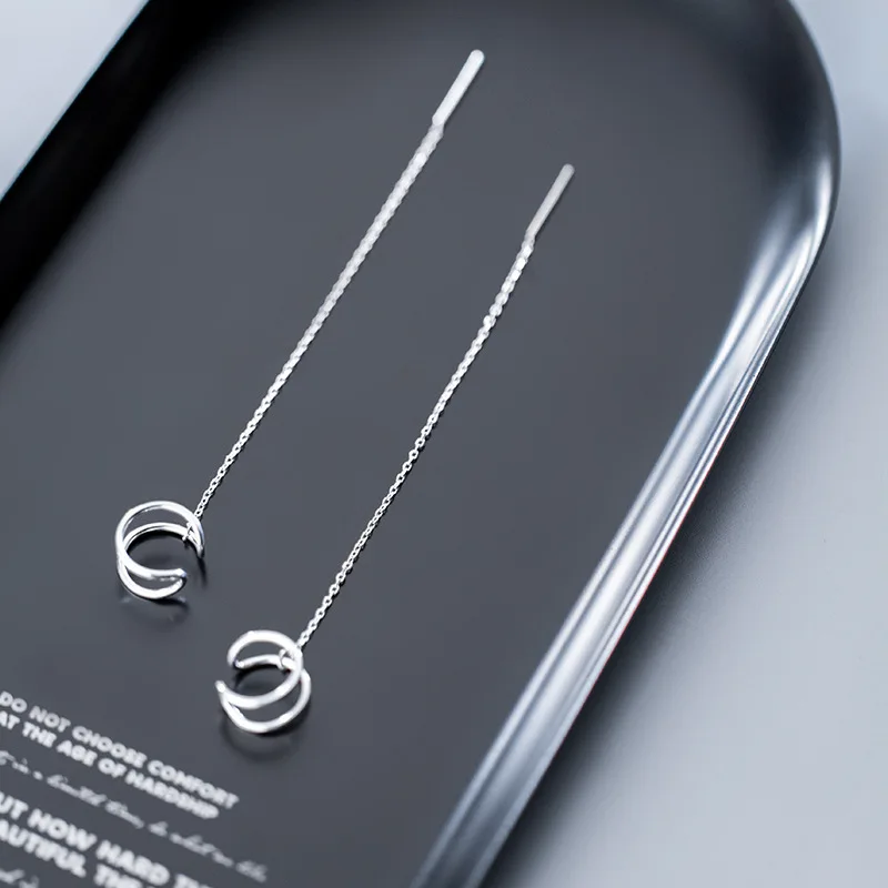 1Pair Authentic Real 925 Sterling Silver fine Jewelry Geometric Open Double Rows Threader dangle Earrings GTLE2558