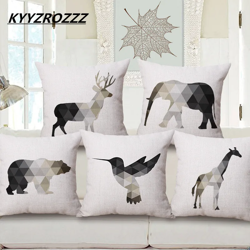

KYYZROZZZ Nordic Geometric Animals Elephant Deer Bear Giraffe Bird Cushion Covers Linen Cotton Pillow Cover Pillow Case