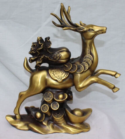 WBY JP S0064 11" Chinese Bronze Wealth YuanBao Money Baicai On Deer Animal Foo Fu States | Дом и сад