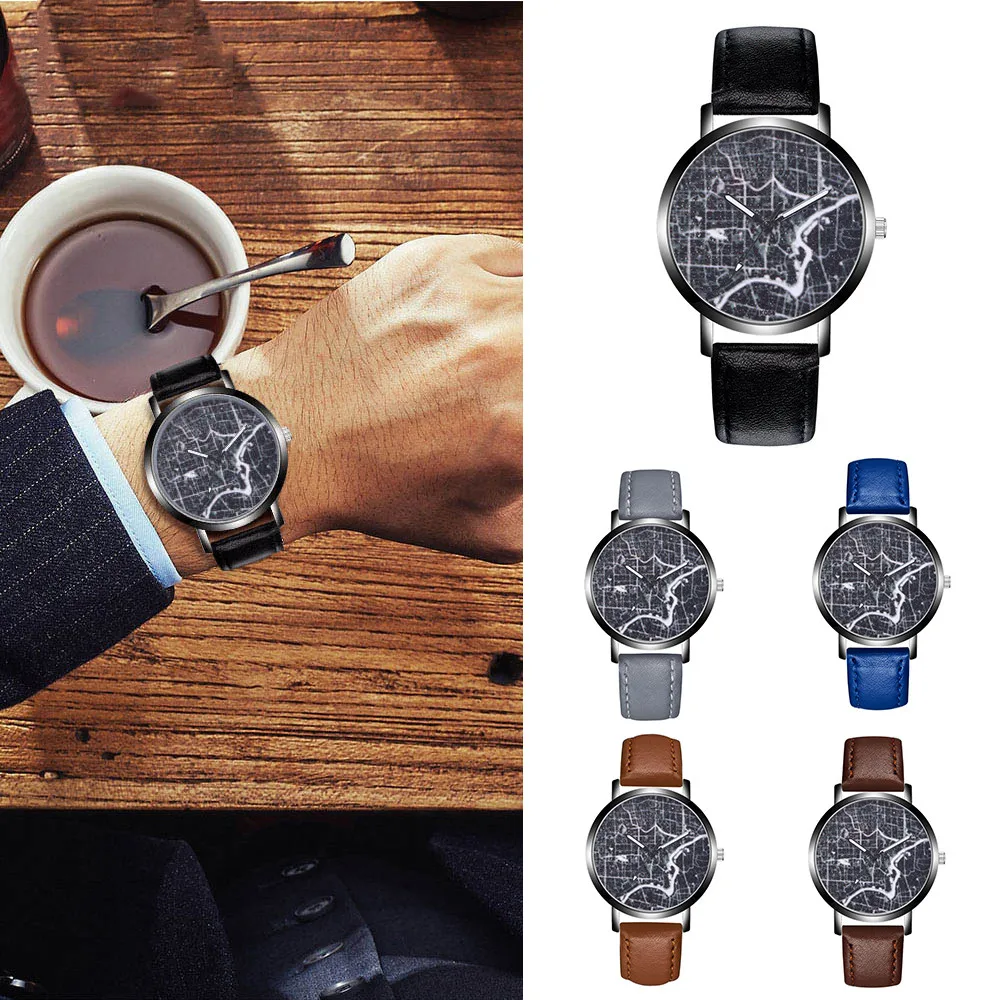 Мужские модные часы с кристаллами Звездный дизайн кожаный ремешок имитация