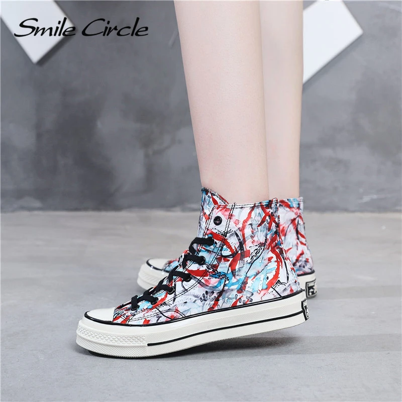 Smile Circle/; сезон весна; разноцветная обувь на плоской платформе; женские модные парусиновые кроссовки с высоким берцем; женская повседневная обувь на шнуровке
