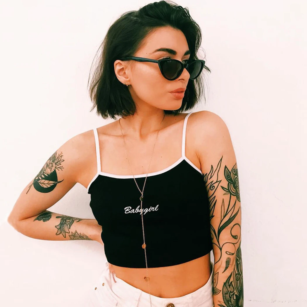 2019 Summer Letter Embroidery Cropped Tees Shirt Casual Crop Tops Camis Sexy Women Spaghetti Strap Short Tank Vest Camisole | Женская