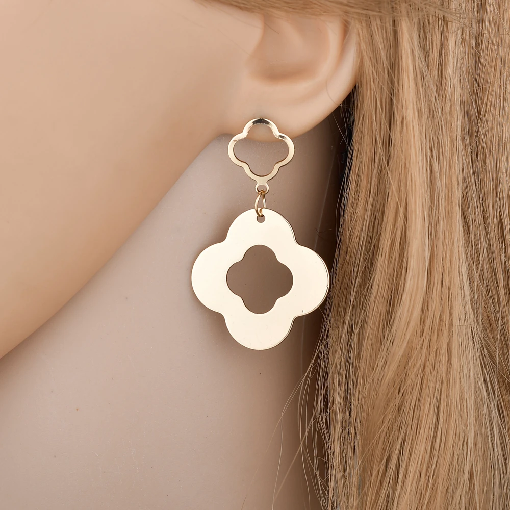 2019 Simple Alloy Earrings Gold Color Flower Design Geometry Double Hollow Drop For Girls Party Jewelry | Украшения и аксессуары