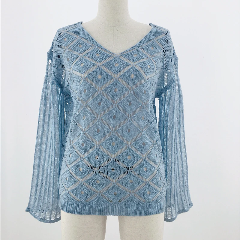 Женский трикотажный свитер Синий Свободный Топ с длинным рукавом и треугольным