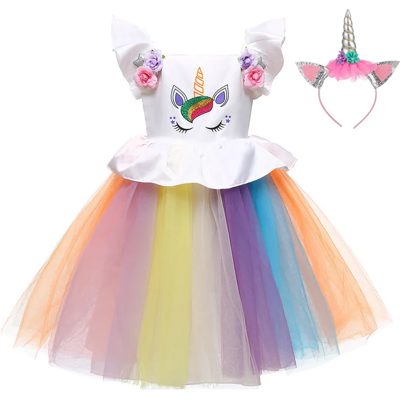 1Dress with Headwear Летнее платье с единорогом для детей 2-6 лет, детское платье принцессы, детская одежда, платье для девочек, свадебное платье, карнавальные костюмы с единорогом - Цвет: 1Dress with Headwear