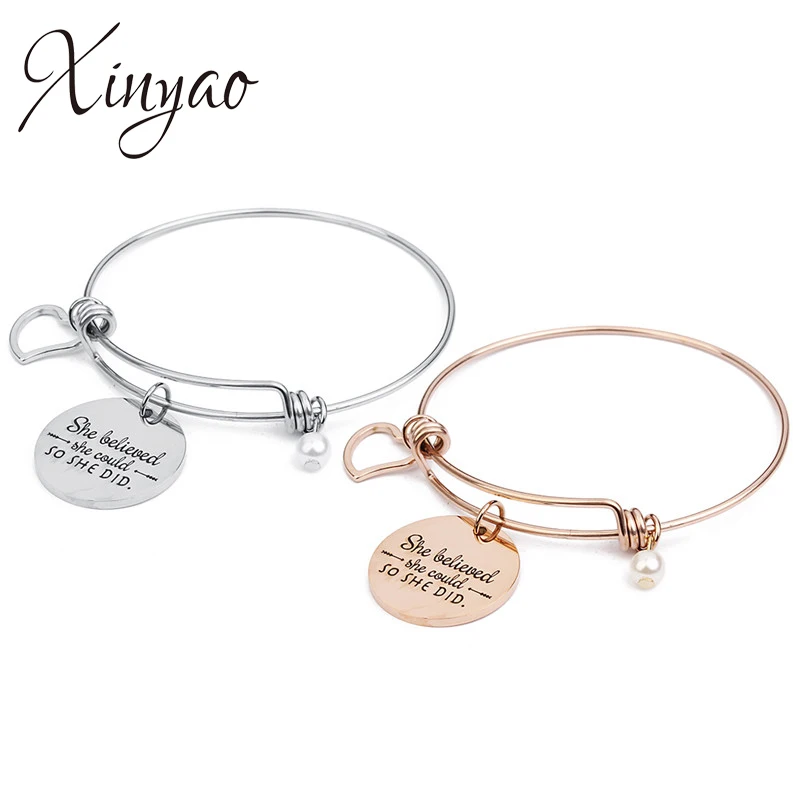 XINYAO Stainless Steel Round Heart Pearl Charms Bangle Bracelet Engraved She Believed Could So Did Love Bracelets Femme | Украшения и