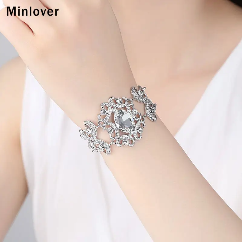 Женский браслет цепочка Minlover серебряный цвет с цветком и кристаллами модные