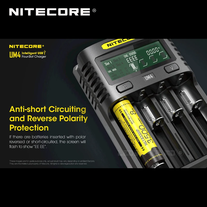 Интеллектуальное зарядное устройство Nitecore UM4 с четырьмя слотами USB, совместимое с аккумулятором IMR Li-Ion LiFePO4 Ni-MH Ni-Cd