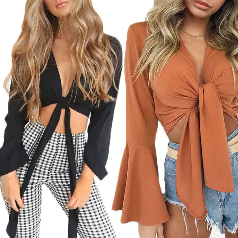 

Womens Ladies Lace Up Satin Tie Knot Front Flared Sleeve Plunge Neck Crop Top
