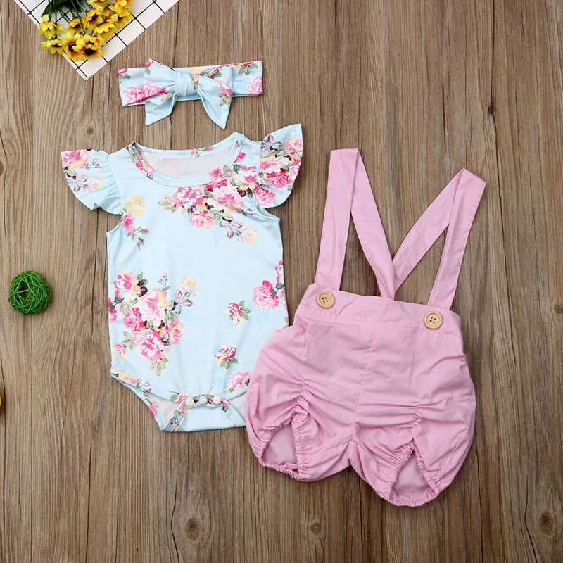 Lovely Girls Floral Romper Overalls Short Sleeve Top+Pink Overalls+Headband 3Pcs Set Cute Outfits New |