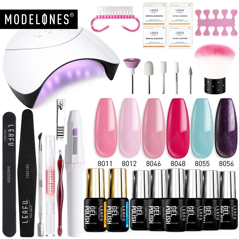 6pcs with nail drill Modelones 36 Вт Светодиодная лампа для Гель-лак для нейл-арта набор смарт-Сенсор УФ лампа каких-либо 4/6/8/10/ 14 цветов! полупостоянная гель электрическая дрель комплект - Цвет: 6pcs with nail drill