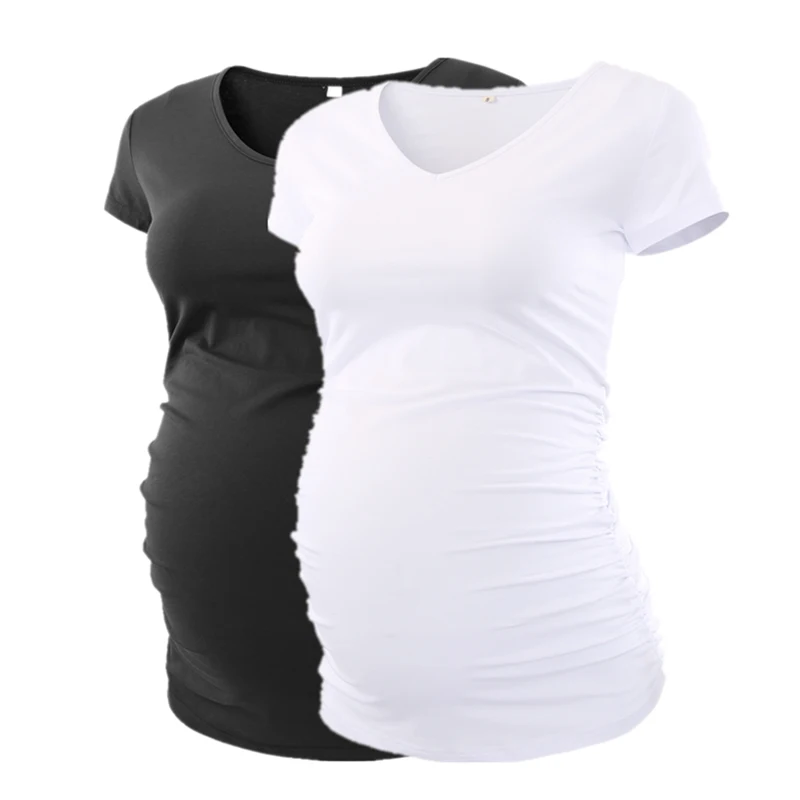 

2-piece Maternity Tops V Neck Short Sleeve Ruched Pregnancy Shirt Pregnant Clothes Womens Clothing Summer Casual T-Shirt