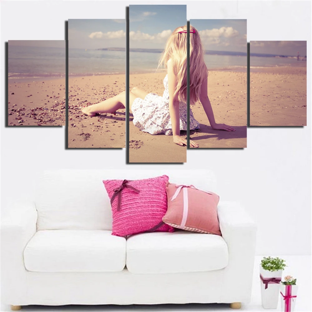 Hot Frameless Canvas Painting Girl on The Beach Modular Landscape Poster Figure Art Wall Sticker Home Decoration 5pcs | Дом и сад