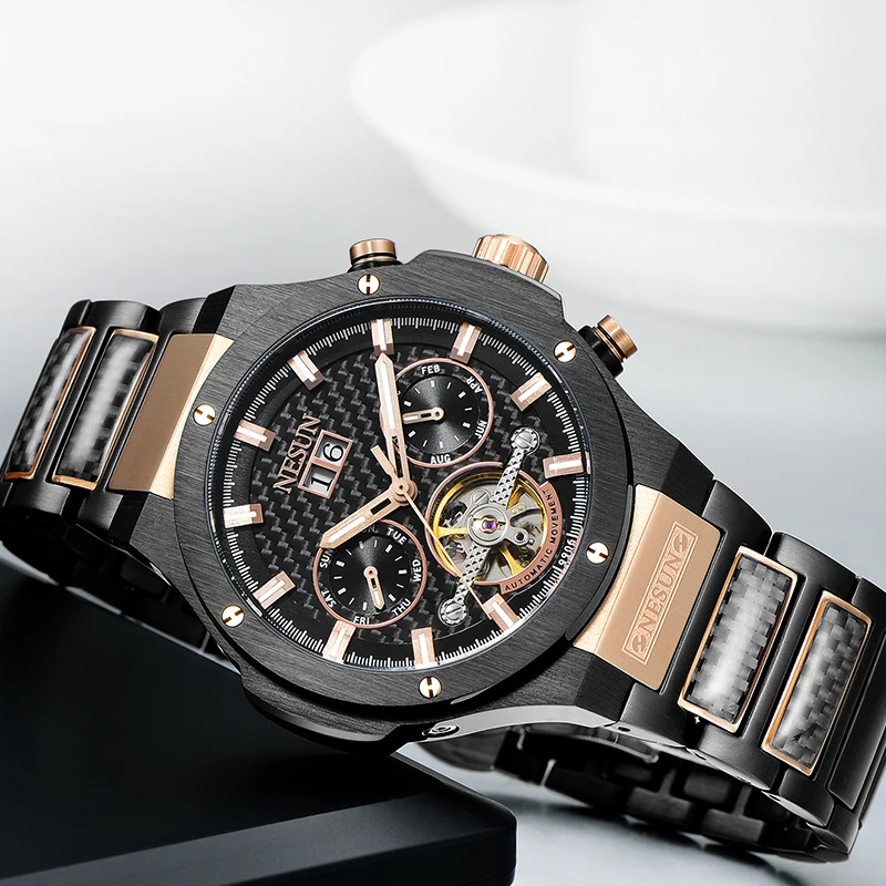 NESUN Для мужчин полые Tourbillon Автоматическая Механические часы модные Роскошный