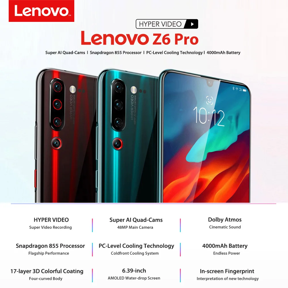 Мобильный телефон lenovo Z6 Pro с глобальной прошивкой, 6 ГБ/8 ГБ+ 128 ГБ, 4000 мАч, Snapdragon 855, 6,39 дюймов, 48мп, четырехъядерный, 4 K, видео-смартфон