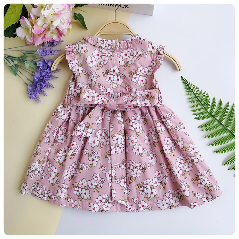New Summer Kids Sleeveless England Handmade Smock Belt Bowknot Floral Printed Little Girls 9M-36M Princess Vest Dresses | Детская одежда