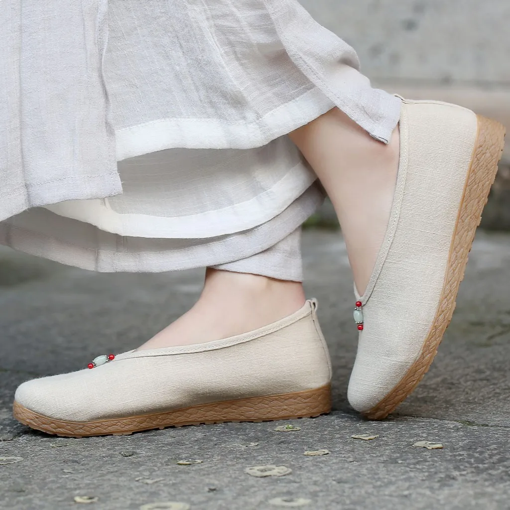 Women's national wind shoes Chinese style flat bottom wild cloth Shoes Leisure Round Toe Slip-On String Bead Hemp 2019 | Обувь
