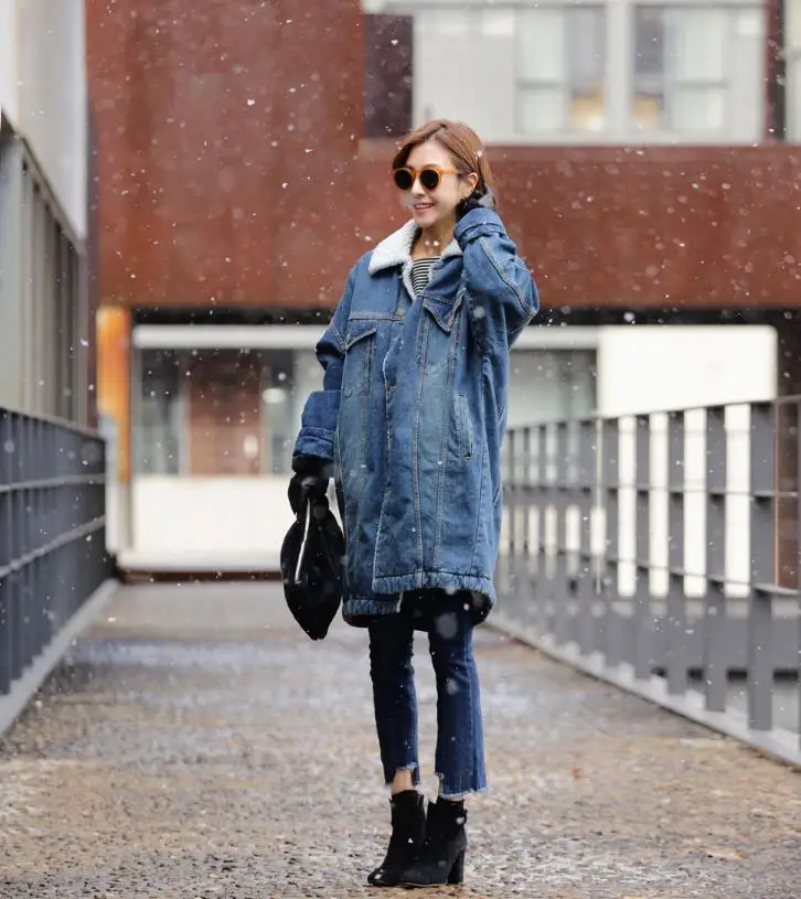 Ретро Женская флис толстый длинный джинсы пальто зима большой лацкан Подкладка