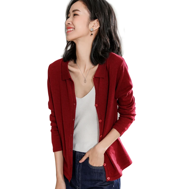 Вязаный кардиган из 100% шерсти женская модная однотонная Базовая рубашка топы с