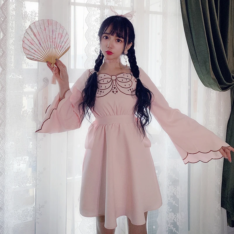 

Princess sweet lolita dress Beautiful bow knot embroidered wavy petals flare sleeves dress ribbon and antique dress D1737