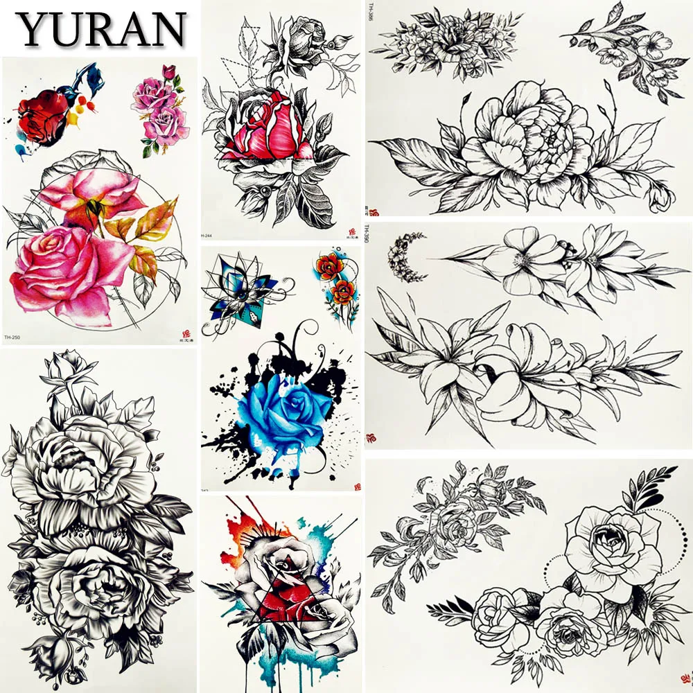 

3D Waterproof Tattoo Women Flash Stickers Black Leaf Flower Arm Tattoos Temporary Big Waist Girls Makeup Fake Tatoos Supplies