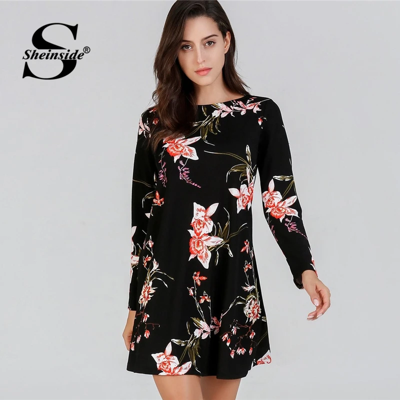 Sheinside, черное платье-туника с цветочным принтом, для женщин, OL, для работы, короткое, прямое, для девушек, платья,, длинный рукав, повседневное, цветочное, мини платье