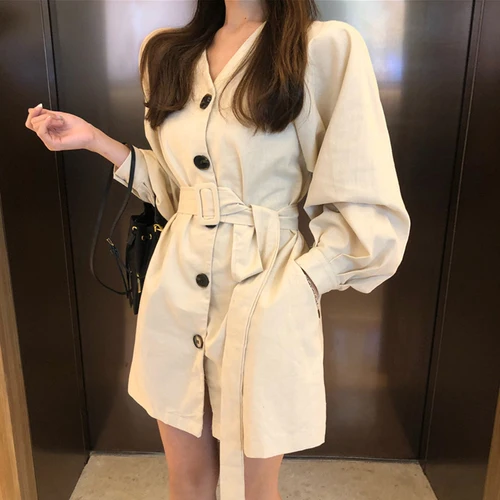 khaki dress Korobov винтажное элегантное женское платье с длинным рукавом и v-образным вырезом, корейские короткие платья с поясом и карманами, Vestidos 77546 - Цвет: khaki dress