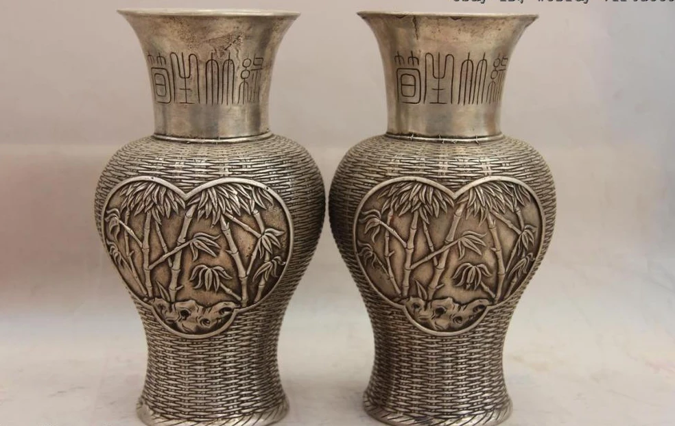 

China White Copper Silver Bamboo basket plum blossom Flower Pot Vase Pair