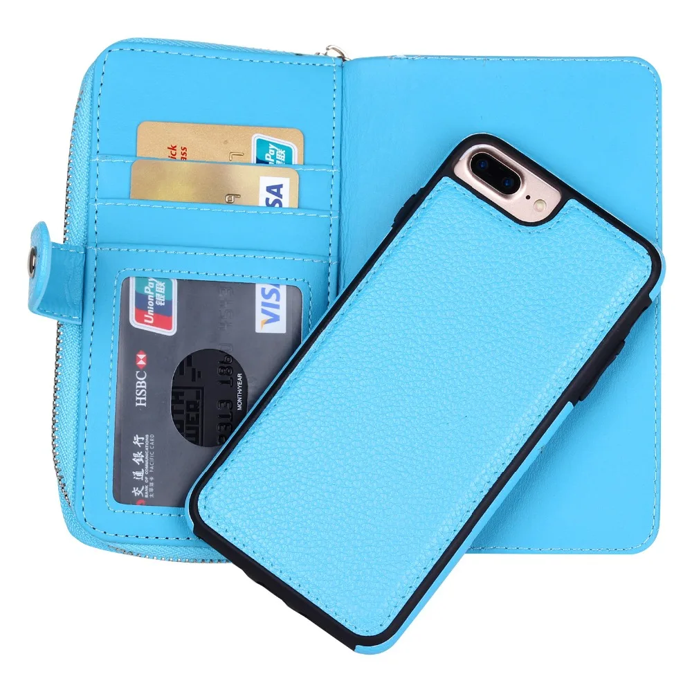 Кожаный чехол бумажник 2 в 1 на молнии Отделяемый силиконовый для iPhone 6 6S i7 i7P i8 i8P с