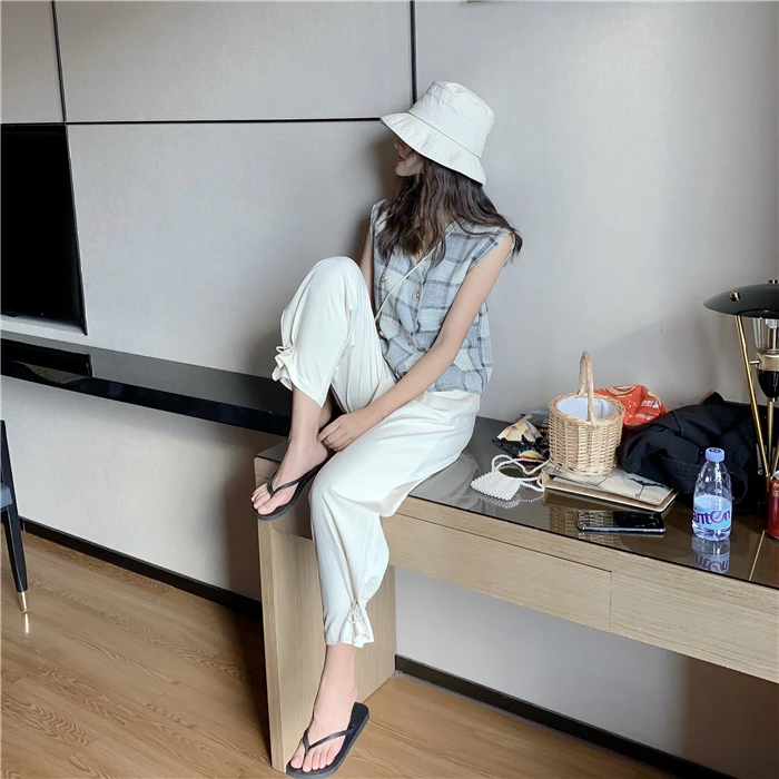 Ретро повседневный клетчатый хлопковый кардиган жилет высокий пояс ноги