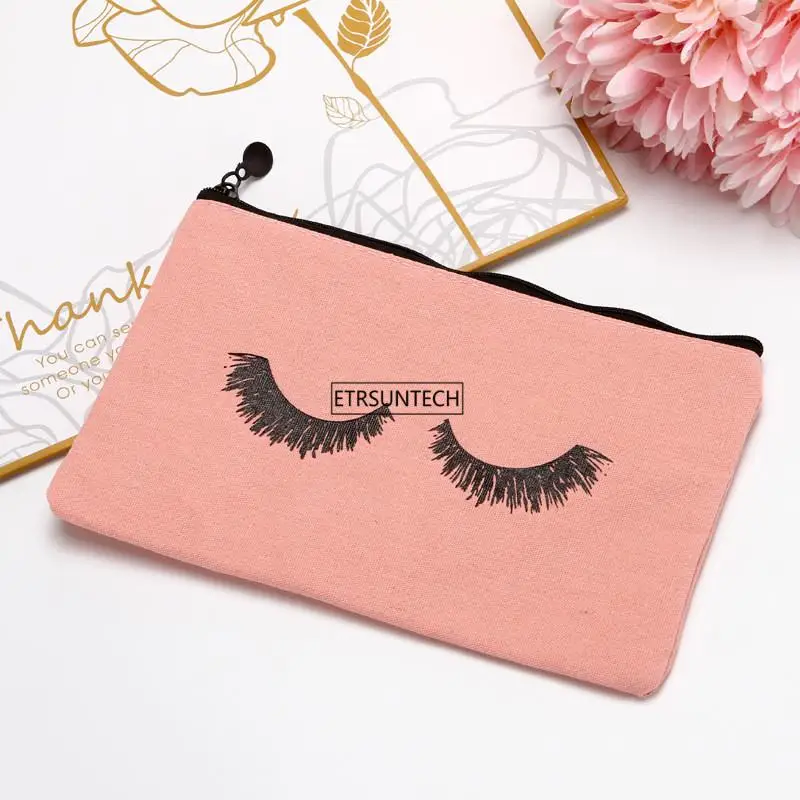 Pink 100 шт./лот, 23 см x 14,5 см, большие холщовые ресницы с принтом, женская косметичка на завязках, клатч на молнии, косметический Органайзер - Цвет: Pink