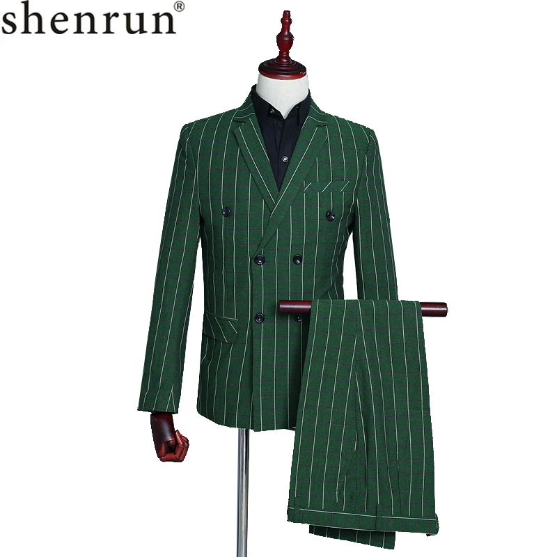 Shenrun Men's Suits Green Checked Double Breasted 3-Piece Suit Jacket Vest Pants Wedding Business Party Prom Stage Male Costumes