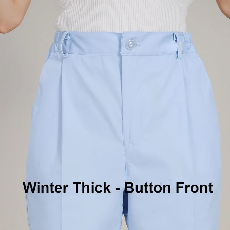 Blue Thick FlyFront Женские брюки санитара медицинские рабочие штаны медсестры доктора брюки сплошной цвет белый розовый синий эластичный ждать 2 кармана кожа ткань - Цвет: Blue Thick FlyFront