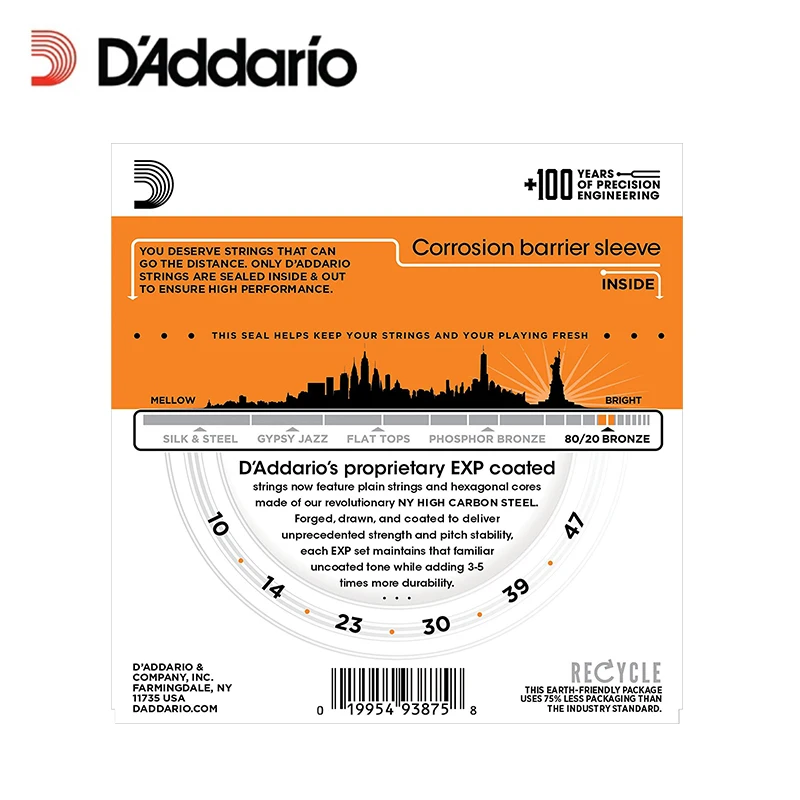 Струны для акустической гитары d' addario EXP10 NY Steel 80/20 с покрытием Экстра легкие 10-47