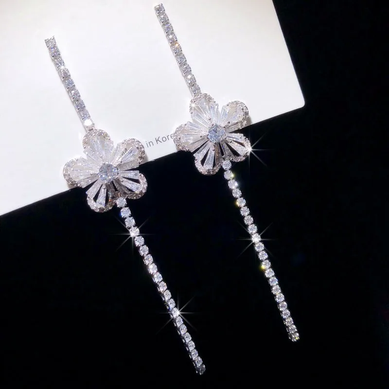 

Drop Earrings For Women 925 Silver Needles Temperament Flower Long Tassels Cubic Zirconia Fine Jewelry Bridal Wedding Aretes