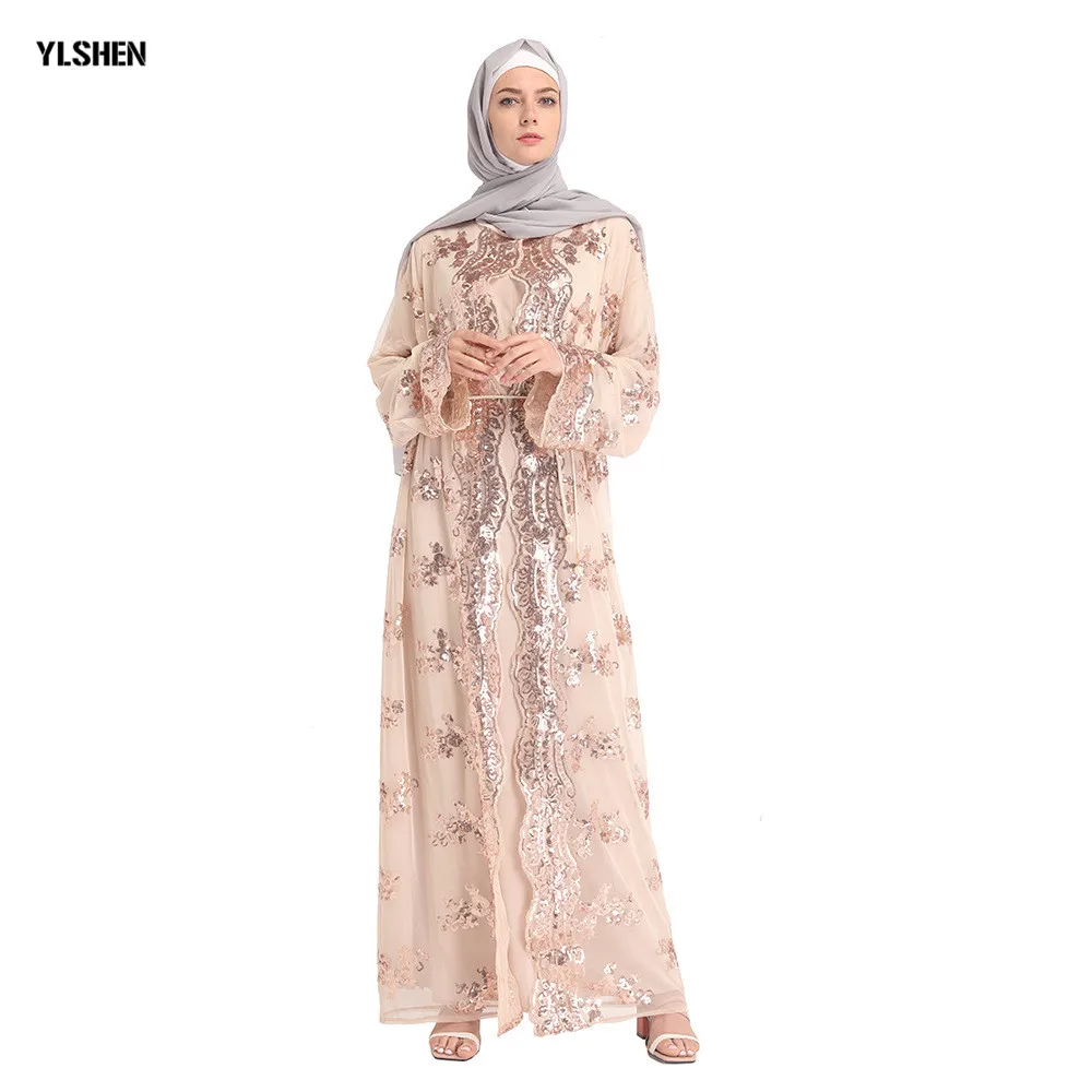 Женское мусульманское платье кардиган Abaya белое кружевное с вышивкой и блестками