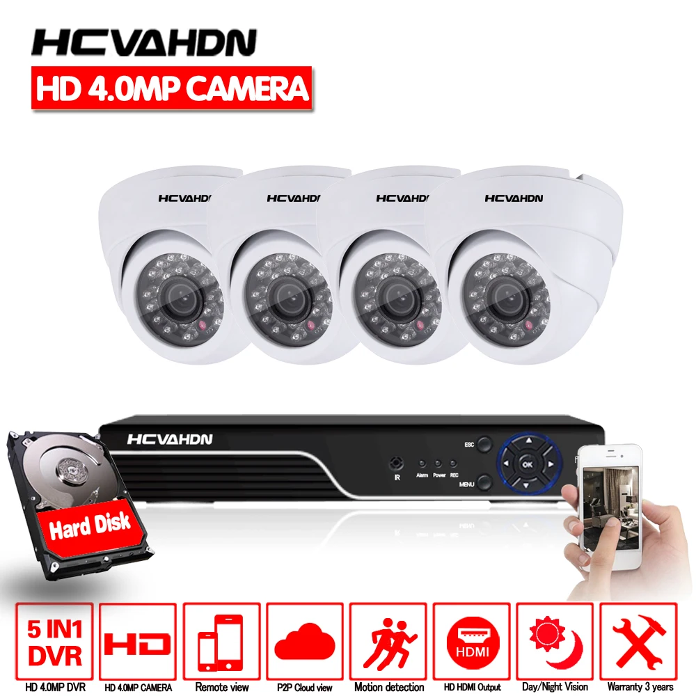 

HCVAHDN 4CH CCTV Camera Security System Kit 4MP AHD DVR 4.0MP Night Vision IR-CUT Dome Camera 4ch DVR NVR 5MP NVR Video Output