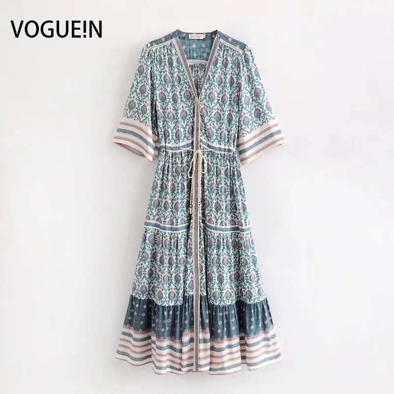 Женское пляжное платье миди VOGUEIN зеленое с цветочным принтом полурукавами и v