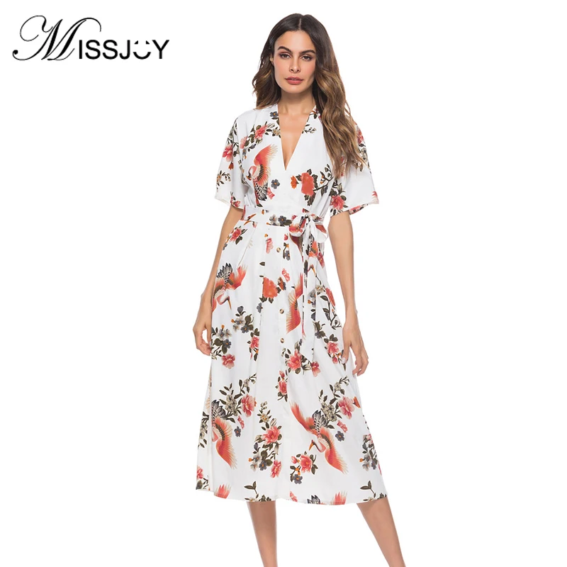 MISSJOY модное женское платье с половинным рукавом сексуальное с v-образным вырезом без спинки с цветочным принтом вечерние миди Повседневные платья кимоно Халат