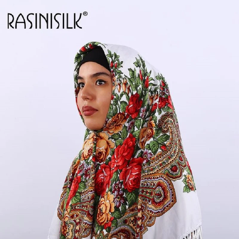 

Acrylic Muslim Hijabs Russian Vintage Style Square Scarf Fringed Flowers Design Personality Pashmina For Women Tassel Headscarf
