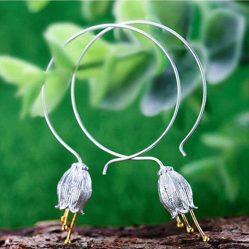 Женские серьги подвески Lotus Fun из серебра 925 пробы с цветком и колокольчиком|earrings