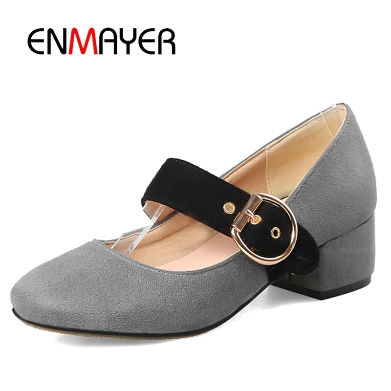 

ENMAYER Med heels Shoes women Summer Square Toe Women's Pumps US 4-15 Elegant Free shipping Buckle strap Flock Thick heels CR195