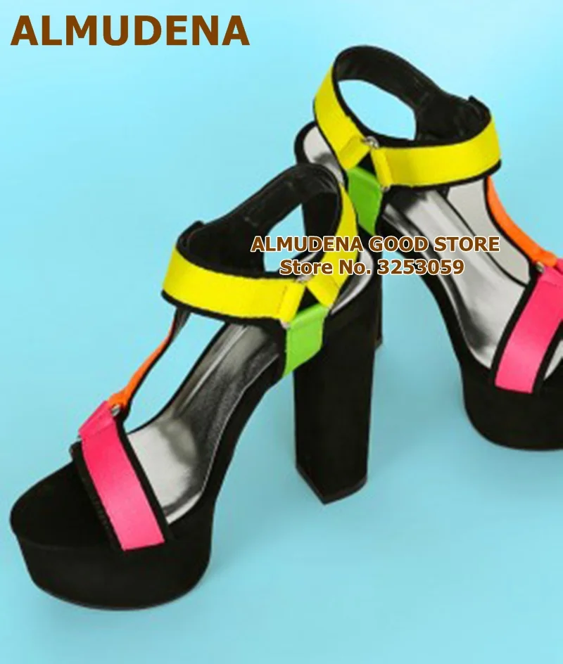 ALMUDENA Mixed Color Patchwork Chunky Heel Sandals Triangle Buckle Strap Pumps Neon Yellow Pink Multi Platform Wedding Shoes images - 6